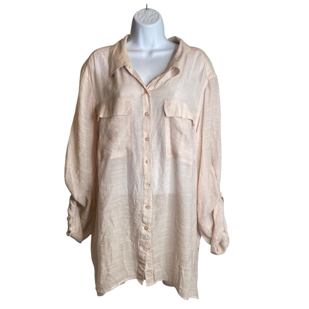 Spense Women's Pale Pink Button Up Blouse Size 3X Roll Tab Sleeves Flowy Coastal